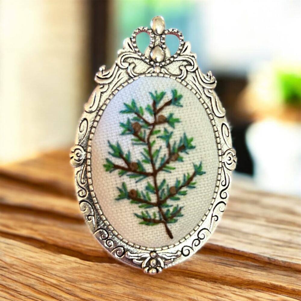 Pine Sprig Embroidery Necklace, Handmade Pendant / Broach